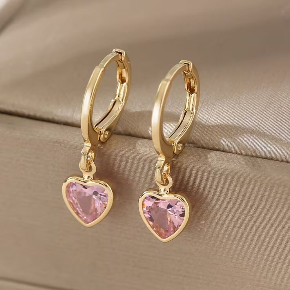 Pink Zirconia Heart Dangle Earrings Gold Crystal Gemstone Drop Charm Hoop Lvrbck